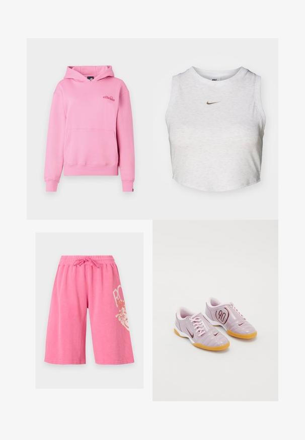 Sudadera rosa hecha de tela suave, con un bolsillo delantero, puños acanalados y un logotipo bordado en el lado izquierdo del pecho.; Top corto blanco hecho de una tela suave y texturizada. Presenta un cuello redondo y un diseño sin mangas, con un pequeño logotipo dorado de Nike en la parte delantera.; Pantalones cortos rosas de longitud media con cintura elástica y cordón, con un diseño parcial blanco de flores y texto en una pierna.; Zapatillas deportivas sintéticas moradas con un upper texturizado, cordones rosas, un detalle visible en rojo '90' y una suela de goma.