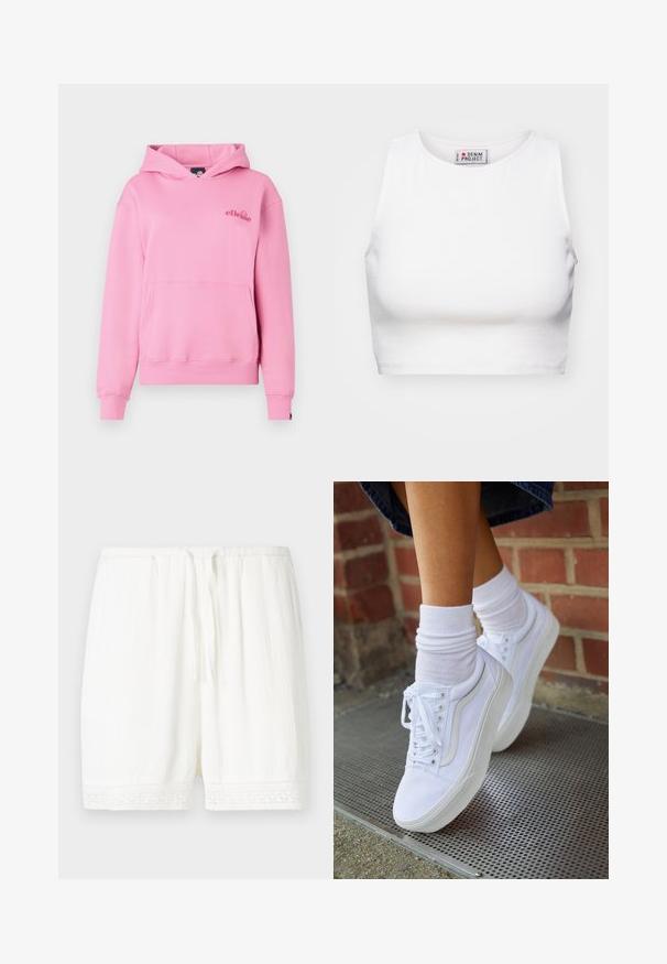 Rosa Kapuzenpullover aus weichem Stoff mit einer Fronttasche, gerippten Bündchen und einem bestickten Logo auf der linken Brustseite.; Weißes, kurzes Tanktop aus Rippenstoff. Hat einen runden Ausschnitt und weite Armausschnitte. Innen sichtbar mit „Denim Project“-Markierung.; Weiße Shorts aus leichtem Stoff mit strukturierter Oberfläche und Spitzenbesatz am Saum. Elastischer Bund mit verstellbarem Kordelzug.; Weiße Leinensneaker mit Gummisohlen, ausgestattet mit sechs Ösen, runder Zehenpartie und dezenten Nähten, kombiniert mit weißen Knöchelsocken.