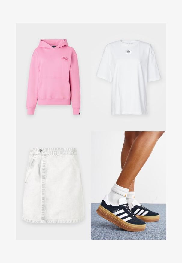 Roze hoodie van zachte stof met een voorzak, ribbelmanchetten en een geborduurd logo aan de linkerzijde van de borst.; Witte korte mouwen t-shirt van katoen. Voorzien van een ronde hals en een klein zwart Adidas-logo op de borst. Rechthoekige zoom.; Denimrok in lichtgrijs. A-lijn ontwerp met voorzakken, een zichtbare naad in het midden en een enkele metalen knop op de tailleband.; Ben met witte sokken en zwarte Adidas Gazelle sneakers met witte strepen en dikke bruine zolen op een grijs tapijt.