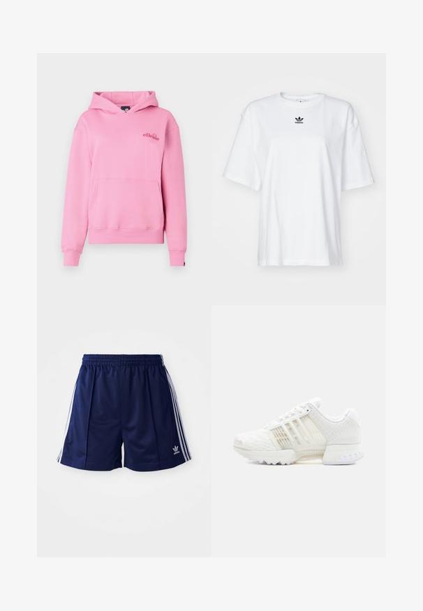 Roze hoodie van zachte stof met een voorzak, ribbelmanchetten en een geborduurd logo aan de linkerzijde van de borst.; Witte korte mouwen t-shirt van katoen. Voorzien van een ronde hals en een klein zwart Adidas-logo op de borst. Rechthoekige zoom.; Marine sportieve shorts van lichtgewicht materiaal, met witte zijkanten en een geborduurd logo aan de onderkant links. Elastische tailleband.; Witte sportschoen met een gestructureerd mesh bovenwerk, doorschijnende zijpanelen en een stevige rubberen zool. Voorzien van een vetersluiting en een gevoerde kraag.