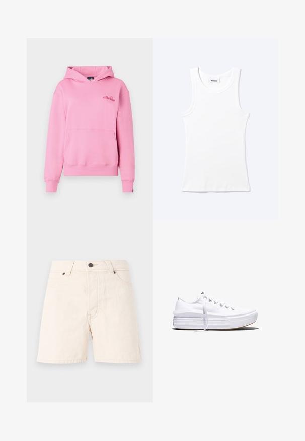 Rosa Kapuzenpullover aus weichem Stoff mit einer Fronttasche, gerippten Bündchen und einem bestickten Logo auf der linken Brustseite.; Weißes ärmelloses geripptes Tanktop mit rundem Ausschnitt und einem kleinen Etikett mit der Aufschrift "WEEKDAY" innen im Kragen.; Beige Baumwoll-Shorts mit hoher Taille, vorne mit Knopf, Reißverschluss, Gürtelschlaufen und zwei Vordertaschen auf neutralem Hintergrund.; Weißer Canvas-Sneaker mit niedrigem Schnitt, dicker Plateau-Sohle, vorderer Schnürung und rauer Gummikappe an der Spitze, aus seitlicher Ansicht gezeigt.