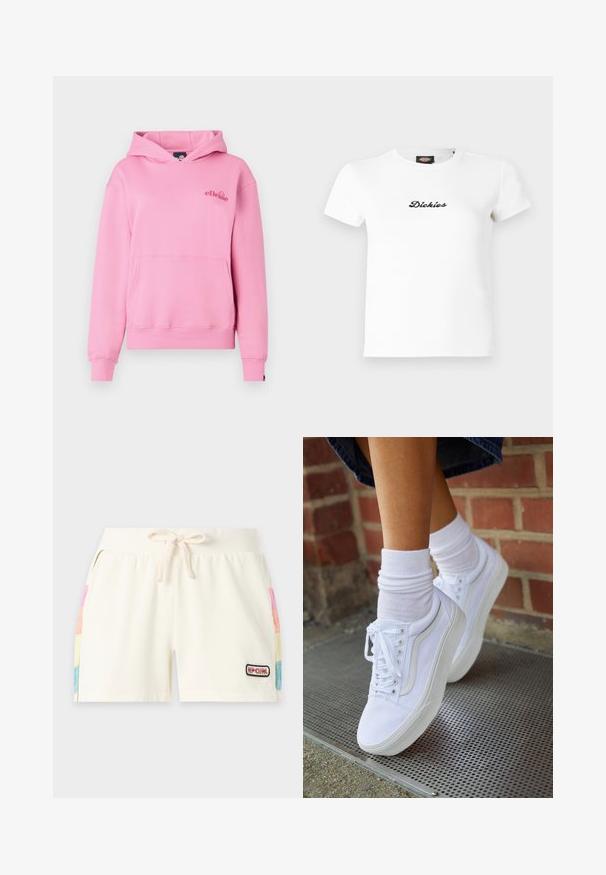 Rosa Kapuzenpullover aus weichem Stoff mit einer Fronttasche, gerippten Bündchen und einem bestickten Logo auf der linken Brustseite.; Weißes, kurzärmeliges, geripptes T-Shirt mit schwarzem, kursiv geschriebenem "Dickies"-Logo mittig auf der Vorderseite und rundem Ausschnitt.; Off-White-Shorts mit Kordelzug, geripptem Bund, Seitentaschen mit mehrfarbigen Einsätzen und kleinem "Rip Curl"-Logo am vorderen rechten Bein.; Weiße Leinensneaker mit Gummisohlen, ausgestattet mit sechs Ösen, runder Zehenpartie und dezenten Nähten, kombiniert mit weißen Knöchelsocken.