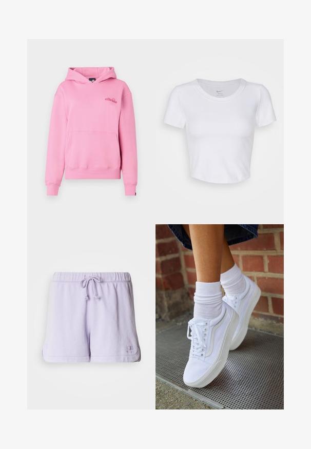 Sudadera rosa hecha de tela suave, con un bolsillo delantero, puños acanalados y un logotipo bordado en el lado izquierdo del pecho.; Top corto blanco de manga corta, hecho de material sintético suave. Cuenta con un escote redondo y el logo de Nike en el interior del cuello.; Pantalones cortos de algodón color púrpura claro con cintura elástica, cordón y bolsillos laterales. Presentan un pequeño logo en el dobladillo inferior derecho.; Zapatillas de lona blancas con suelas de goma, que presentan seis ojales, puntera redonda y detalles de costura ligera, combinadas con calcetines blancos hasta el tobillo.