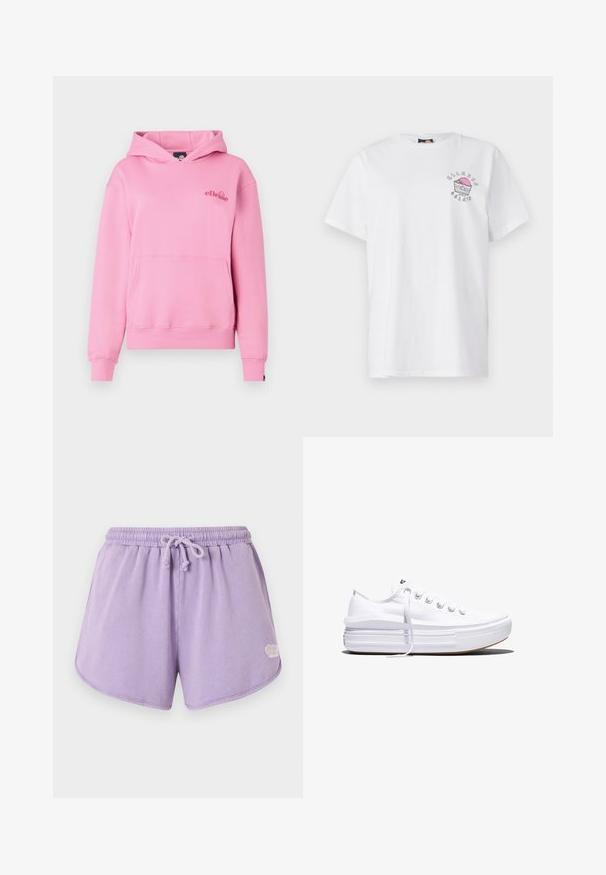 Rosa Kapuzenpullover aus weichem Stoff mit einer Fronttasche, gerippten Bündchen und einem bestickten Logo auf der linken Brustseite.; Weißes Baumwoll-T-Shirt mit Rundhalsausschnitt, kurzen Ärmeln und einem Druckdesign auf der linken Brust, das pinke und graue Akzente aufweist.; Weiche Flieder-Frottee-Shorts mit elastischem Bund und Kordelzug, abgerundetem Saum und kleinem weißen Logo an der unteren rechten Seite.; Weißer Canvas-Sneaker mit niedrigem Schnitt, dicker Plateau-Sohle, vorderer Schnürung und rauer Gummikappe an der Spitze, aus seitlicher Ansicht gezeigt.