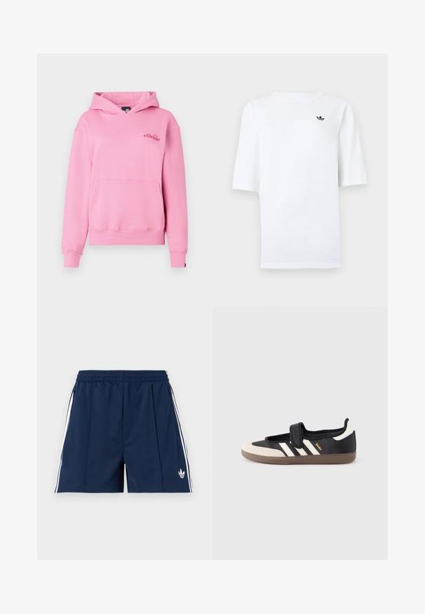 Roosa kapuutsiga särk, mis on valmistatud pehmest kangast, esiküljel on tasku, ribidega mansetid ja vasakul rinnal broderitud logo.; Valge Adidas T-särk lühikeste varrukatega ja väike must kolmeleheline logo vasakul rinnal.; Tumesinised sportlikud lühikesed püksid elastse vööümbermõõduga, valgete küljeribade, lukkudega taskute ja vasakul jalal väikese valge Adidas logo.; Must ja beež vabaajajalats klõpsrihmaga, küljele on kolm valget triipu ning pruun tekstuuriga kummist tald. Brändi logo on nähtav.