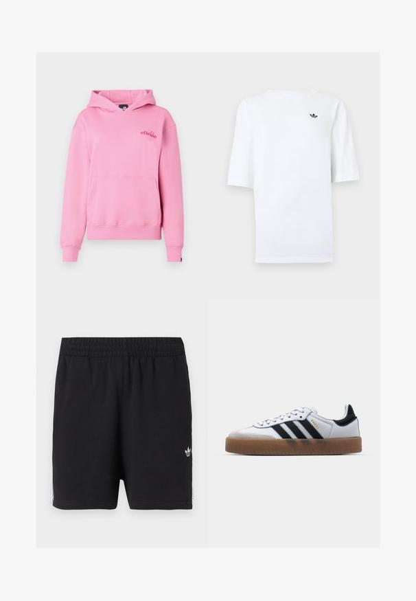 Rosa Kapuzenpullover aus weichem Stoff mit einer Fronttasche, gerippten Bündchen und einem bestickten Logo auf der linken Brustseite.; Weißes Adidas-T-Shirt mit kurzen Ärmeln und kleinem schwarzem Trefoil-Logo auf der linken Brust.; Schwarze Sportshorts mit elastischem Bund, kleinem weißem Adidas-Trefoil-Logo am linken Bein und weißen Streifen an den Seiten.; Weiße Leder Sneakers mit schwarzen Streifen, Gummigummi-Außensohle, runder Zehenform, Schnürverschluss und weichem grauem Wildleder-Zehenkappe.