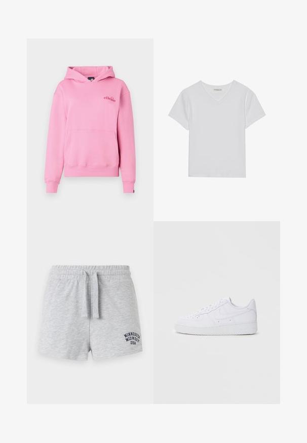 Lyserød hættetrøje lavet af blødt stof med en lomme foran, ribbede manchetter og et broderet logo på venstre side af brystet.; Hvid kortærmet V-hals t-shirt lavet af ribbet stof. Har et rent design med en lige kant og minimal detaljer.; Lysegrå bomuldsshorts med elastisk taljebånd og snøre, med teksten "Minnesota Midwest USA" på det nederste højre ben.; Hvide Nike Air Force 1 sneakers med læderoverdel, rund tå, snørelukning, polstret krave og struktureret gummisål.