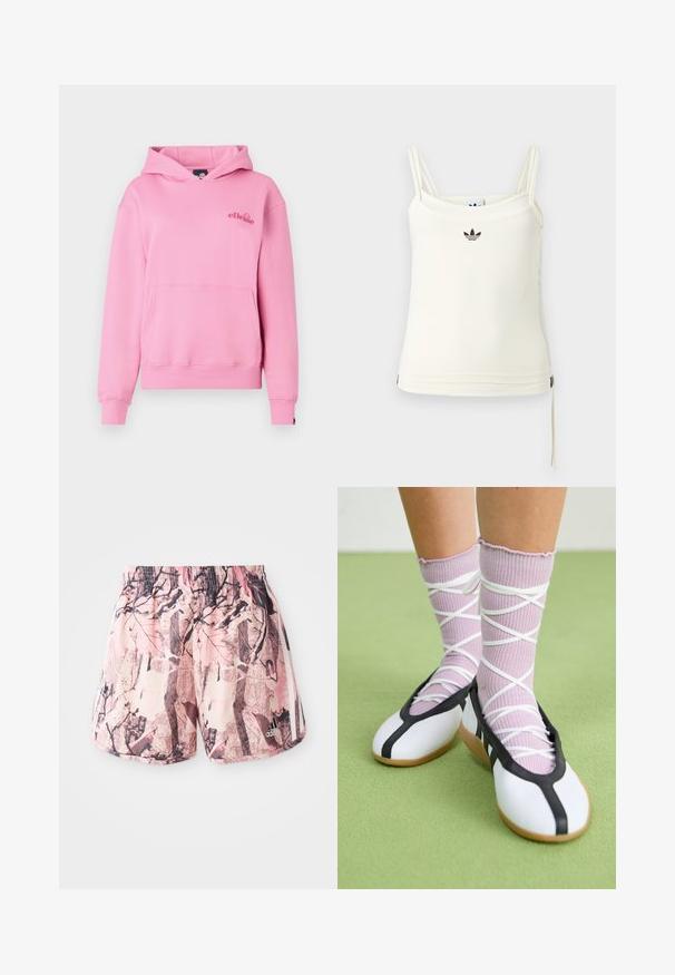 Lyserød hættetrøje lavet af blødt stof med en lomme foran, ribbede manchetter og et broderet logo på venstre side af brystet.; Cremefarvet tanktop med tynde stropper; Adidas-logo i sort på brystet. Glat stof med en snorejustering ved kanten. Enkel design.; Lyserøde og brune mønstrede shorts med elastisk talje og sidebånd, der har et grafisk design, der ligner løv og grene.; Ben iført ribbet lilla sokker med hvide krydsede stropper kombineret med hvide balletsko med sort kant på grøn gulv.