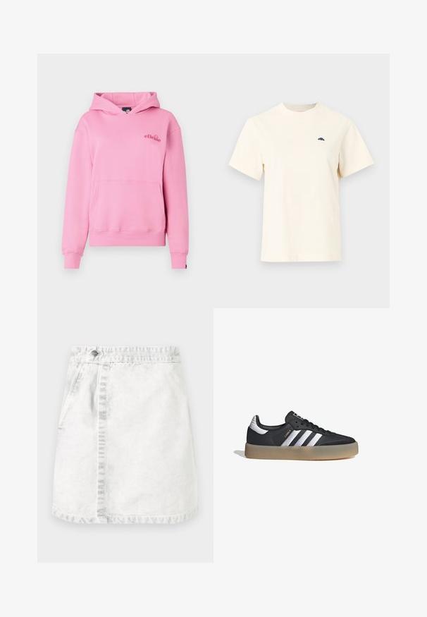 Sudadera rosa hecha de tela suave, con un bolsillo delantero, puños acanalados y un logotipo bordado en el lado izquierdo del pecho.; Camiseta de manga corta color crema con cuello redondo y pequeño logo semicircular negro en el pecho izquierdo, diseño liso sobre fondo gris claro.; Falda de mezclilla en gris claro. Diseño en línea A con bolsillos frontales, una costura visible en el centro y un solo botón metálico en la cinturilla.; Zapatilla deportiva de cuero negro con tres rayas plateadas, punta texturizada y suela de goma. Cuenta con un collar acolchado y un diseño con cordones.