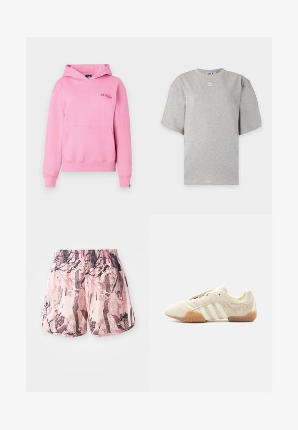 Roze hoodie van zachte stof met een voorzak, ribbelmanchetten en een geborduurd logo aan de linkerzijde van de borst.; Lichtgrijs Adidas T-shirt met korte mouwen, ronde hals en klein wit Adidas-logo op de borst, weergegeven op een effen achtergrond.; Roze en bruine patroonshorts met een elastische tailleband en zijstrepen, voorzien van een grafisch ontwerp dat lijkt op bladgroen en takken.; Lage beige sneaker met drie witte strepen, gestructureerde suède zijpanelen, rubberen zool en vetersluiting op een effen achtergrond.