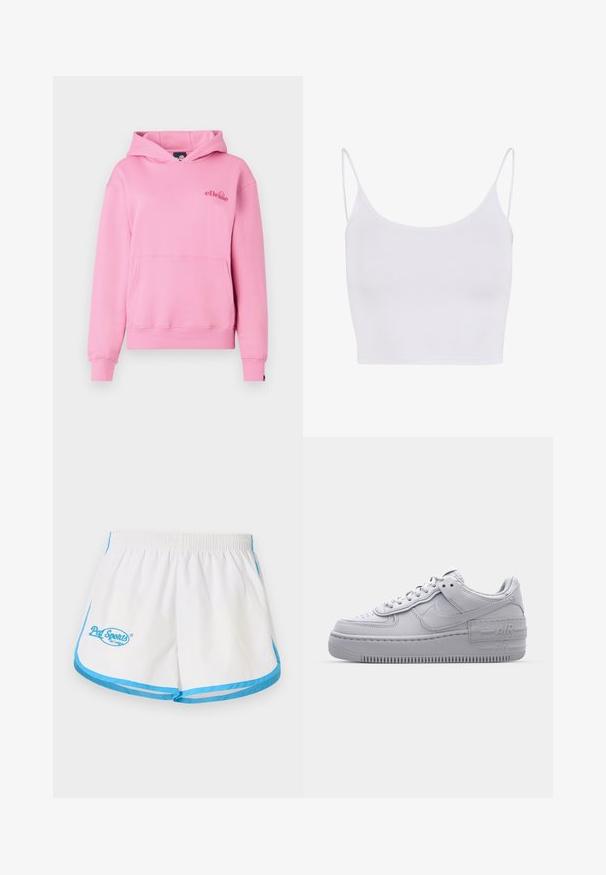 Roze hoodie van zachte stof met een voorzak, ribbelmanchetten en een geborduurd logo aan de linkerzijde van de borst.; Witte cami-top met dunne verstelbare banden, een aansluitend ontwerp en een gladde, rekbare textuur zonder patronen of versieringen.; Pal Sporting Goods LEAGUE WOMENS - Shorts - marshmallow/blue; Grijze Nike Air Force 1 sneaker met geperforeerde neus, glad leren bovenwerk, dikke zool en verhoogde 'AIR' details op de hiel.
