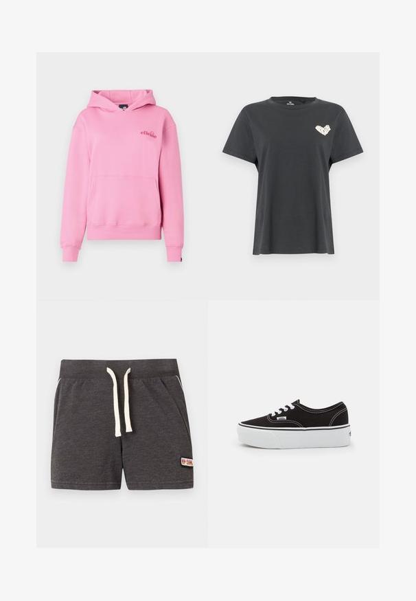 Sudadera rosa hecha de tela suave, con un bolsillo delantero, puños acanalados y un logotipo bordado en el lado izquierdo del pecho.; Camiseta negra de manga corta con cuello redondo y pequeño diseño de corazón blanco en el pecho izquierdo.; Pantalones cortos de punto gris oscuro con cordón blanco, cintura elástica, bolsillos laterales y un pequeño parche con el logo de Rip Curl en la parte inferior derecha.; Zapatilla de lona negra con suela de plataforma de goma blanca, que presenta cordones y costuras blancas, con branding icónico en el lateral, diseño de corte bajo.