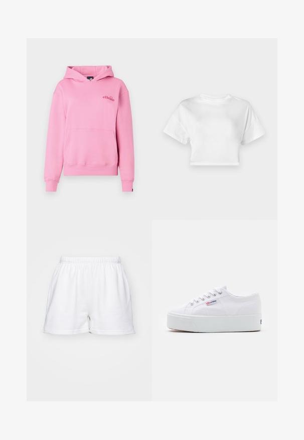Rosa Kapuzenpullover aus weichem Stoff mit einer Fronttasche, gerippten Bündchen und einem bestickten Logo auf der linken Brustseite.; Weißes, kurzes T-Shirt aus Baumwolle. Kurze Ärmel, runder Ausschnitt, glatte Textur, lässiges Design ohne Muster oder Verzierungen.; Weiße Baumwollshorts mit elastischem Bund, seitlichen Taschen und einer lockeren Passform auf einem einfarbigen Hintergrund.; Weiße Leinenschuhe mit einer dicken weißen Plattformsohle, runder Zehenpartie und Metallösen für die Schnürsenkel. Markenlogo an der Seite angebracht.