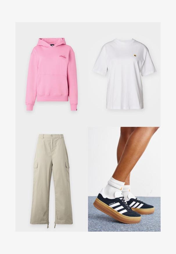 Rosa Kapuzenpullover aus weichem Stoff mit einer Fronttasche, gerippten Bündchen und einem bestickten Logo auf der linken Brustseite.; Weißes Baumwoll-T-Shirt mit lockerem Schnitt, kurzen Ärmeln und einem kleinen gestickten Logo auf der linken Brustseite.; Helle beige Cargo-Hosen mit lockerer Passform, ausgestattet mit einem Knopfverschluss, seitlichen Taschen und verstellbarem Saum mit Bändern. Glatte Stoffoberfläche.; Beine mit weißen Socken und schwarzen Adidas Gazelle Sneakers mit weißen Streifen und dicken braunen Sohlen auf einem grauen Teppichboden.