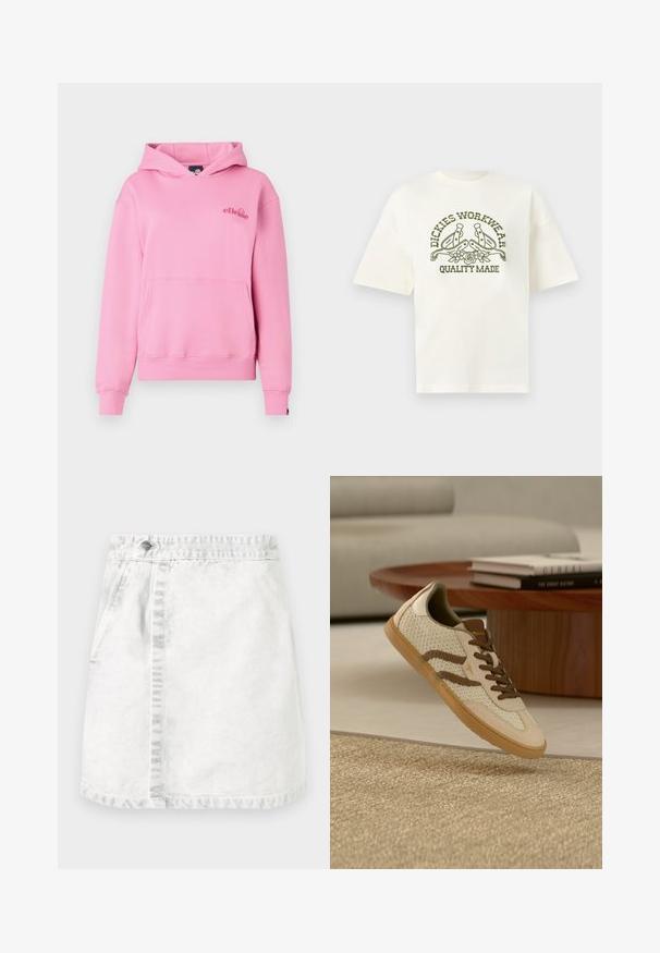 Roosa kapuutsiga särk, mis on valmistatud pehmest kangast, esiküljel on tasku, ribidega mansetid ja vasakul rinnal broderitud logo.; Valge lühikeste varrukatega T-särk oliivrohelise "Dickies Workwear Quality Made" tekstiga ja kahe spursa ning lillede graafikuga esiküljel.; Heled hall kleit. A-line mudel, ees taskud, keskel nähtav õmblus ja üks metallnupp vööl.; Tennisejalanõu valge võrkmaterjaliga pealses, pruunide detailide ja kummist tallaga. Varustatud pruunide paelte ja mugavust pakkuva polsterdatud äärega.