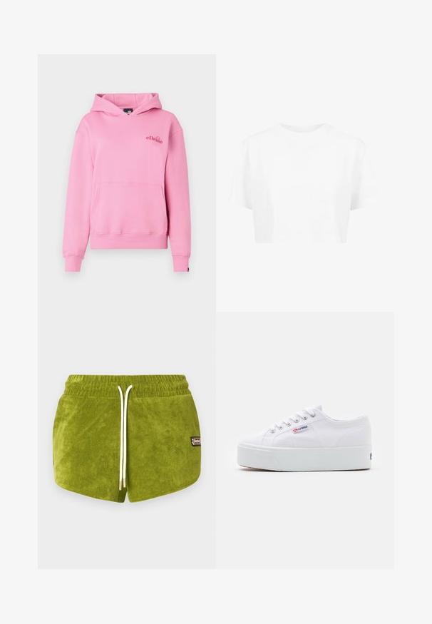 Rosa Kapuzenpullover aus weichem Stoff mit einer Fronttasche, gerippten Bündchen und einem bestickten Logo auf der linken Brustseite.; Weißes, kurzes T-Shirt mit kurzen Ärmeln und rundem Halsausschnitt, aus glattem Stoff, ohne sichtbare Muster oder auffällige Hardware.; Grüne Shorts aus Frottee mit einem Tunnelzug an der Taille, weißer Kordel und goldfarbenen Metallenden; verfügt über ein kleines Logopatch an der Seite.; Weiße Leinenschuhe mit einer dicken weißen Plattformsohle, runder Zehenpartie und Metallösen für die Schnürsenkel. Markenlogo an der Seite angebracht.