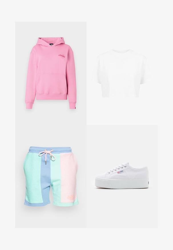 Lyserød hættetrøje lavet af blødt stof med en lomme foran, ribbede manchetter og et broderet logo på venstre side af brystet.; Hvid cropped t-shirt, korte ærmer, rund halsudskæring, lavet af blødt stof, uden synlige mønstre eller distinkt hardware.; Farverige sportsst shorts med strukturerede paneler i mintgrøn, pastelpink og blå. Elastisk talje med snøre og logo-detail.; Hvide canvas sneakers med en tyk hvid platformssål, rund tå og metaløjelets til snørebånd. Mærkets logo præsenteret på siden.