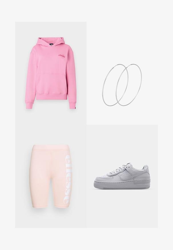 Roze hoodie van zachte stof met een voorzak, ribbelmanchetten en een geborduurd logo aan de linkerzijde van de borst.; Ellesse CLASSICISTA - Shorts - light pink; Grijze Nike Air Force 1 sneaker met geperforeerde neus, glad leren bovenwerk, dikke zool en verhoogde 'AIR' details op de hiel.; Zilveren hoepel oorbellen met een minimalistisch ontwerp. Cirkelvormig, gladde textuur en dun profiel. Lichtgewicht met een gepolijste afwerking.