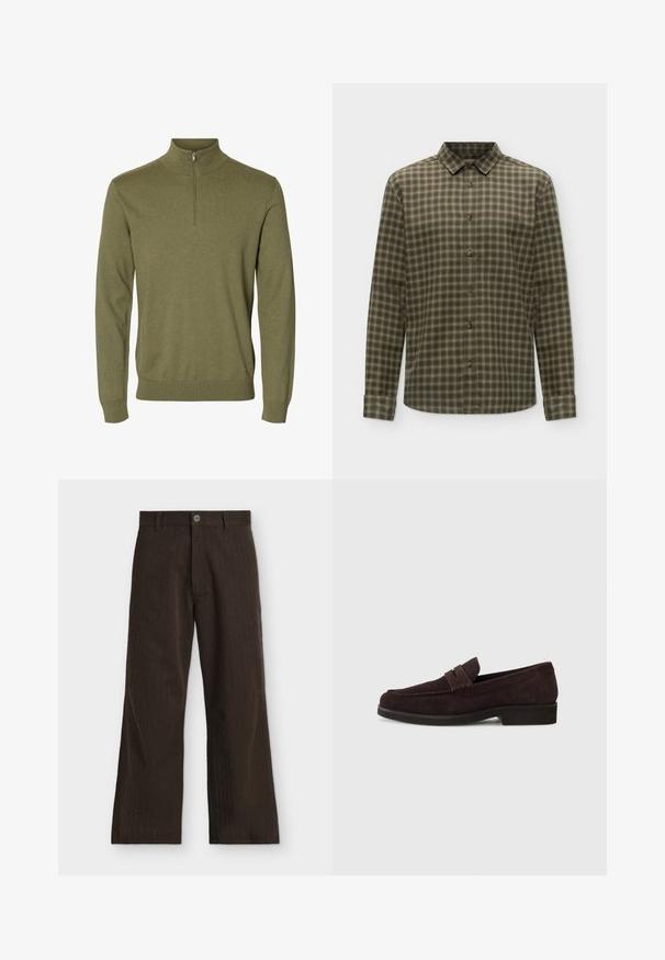 Pull vert à manches longues avec un col montant et une courte fermeture éclair à l'avant, fabriqué en tissu tricoté doux.; Chemise à manches longues boutonnée avec un motif à carreaux verts et blancs et un col classique, présentée sur un fond uni.; Pantalon brun foncé à coupe droite avec coutures verticales discrètes et fermeture à bouton à la taille.; Mocassins en daim marron avec une silhouette basse et un embout arrondi. Présentent une sangle décorative sur le dessus, une semelle en caoutchouc plate et sans couture visible.
