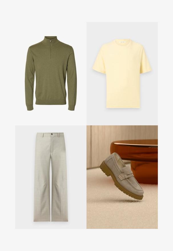 Jersey verde de manga larga con cuello alto y cremallera corta en la parte delantera, hecho de tejido de punto suave.; Camiseta de manga corta y cuello redondo en un suave tono amarillo, con un corte relajado sobre un fondo liso de color claro.; Pantalones formales color beige claro con piernas rectas, cierre de botón y cremallera, trabillas para cinturón, exhibidos sobre un fondo blanco.; Mocasín de ante gris claro con suela gruesa de goma marrón colocado sobre una alfombra beige frente a una mesa redonda marrón desenfocada.