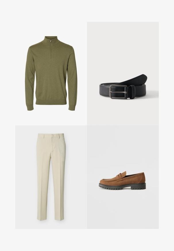 Pull vert à manches longues avec un col montant et une courte fermeture éclair à l'avant, fabriqué en tissu tricoté doux.; Pantalon beige coupé droit avec passants de ceinture et fermeture éclair à l'avant, présenté sur un fond clair uni.; Mocassins en daim marron avec un bout arrondi et une semelle noire en caoutchouc basse, présentant une sangle décorative et des détails de couture sur le dessus.; Ceinture en cuir noir roulée avec une boucle métallique argentée rectangulaire sur un fond clair uni.