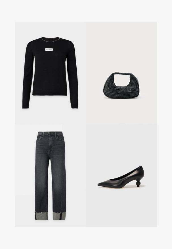 Pull noir à manches longues avec des coutures blanches le long des bords et une petite étiquette blanche rectangulaire avec des chiffres sur la poitrine.; Jean noir taille haute à jambe droite avec ourlets roulés et légère décoloration sur les cuisses, présenté sur un fond clair uni.; Chaussure à talon haut en cuir noir avec un bout pointu et un talon arrondi. Texture lisse avec un design épuré et minimal.; Sac hobo tissé noir avec une structure souple et une poignée intégrée, présenté sur un fond clair uni.