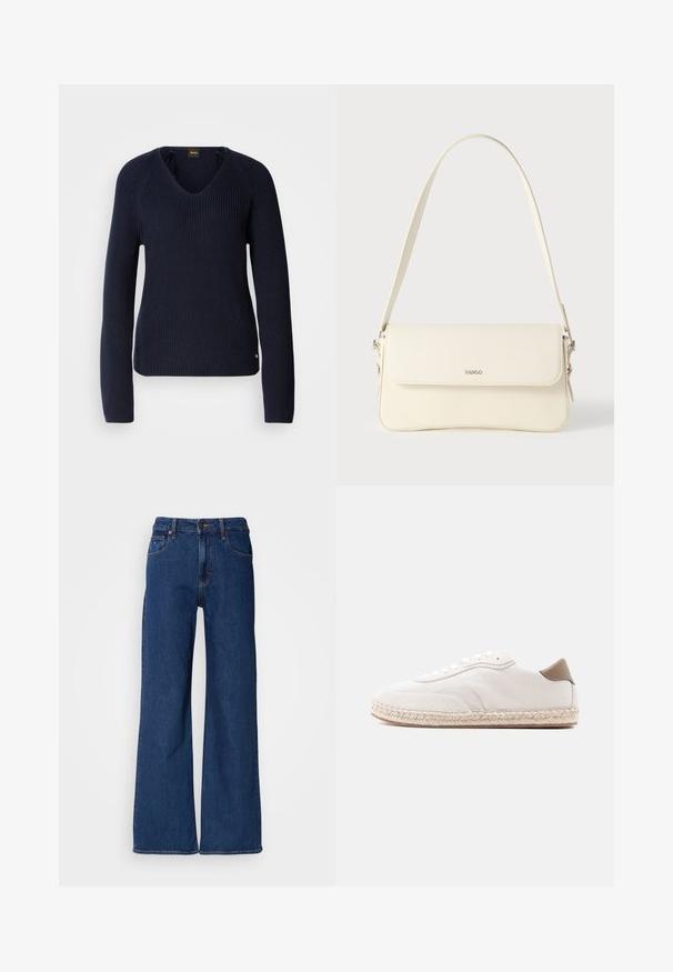 Mørkeblå strikket sweater med V-udskæring, lange raglanærmer og tekstileret stof. Har et lille logo nederst til venstre.; Mørkeblå denim bredbenede jeans med høj talje, fem lommer og orange syninger. Har en lynlåse og bæltestropper.; Hvid sneakers med øverste del i ruskind, beige accenter og en sål vævet af jute. Har flade snørebånd og et side logo med mærke.; Cremefarvet læder skuldertaske med flaplukning, sølvfarvet beslag, en enkelt justerbar rem og diskrete logodetaljer.