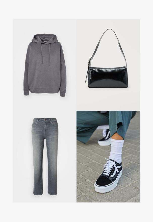 Hallhallane kapuutsiga pehme kangaga grey dressipluus, millel on reguleeritav kapuuts, mugav lõige ja ribatud varruka- ning alumine serv. Pole nähtavaid mustreid ega logosid.; Hallide denim püksid otse lõikega, viie taskuga disain, nööbi ja tõmbluku sulgemine ning kergelt pleekinud viimistlus.; Mustjad sametist tennisjalanõud valgete aktsentide ja nööridega, millel on paks valge tald ja kontrastsed õmblused, koos valge sokiga.; Must ristkülikukujuline õlakott ühe reguleeritava rihmaga ja ülemise tõmblukuga, ühtlase taustaga.