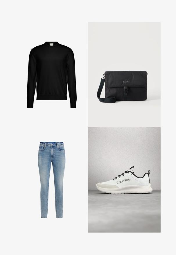 Suéter negro de manga larga y cuello redondo con puños y dobladillo acanalados, que presenta una pequeña etiqueta blanca de la marca en el interior del cuello.; Jeans de mezclilla ajustados en azul claro. Confeccionados con un diseño de cinco bolsillos, cierre de botón y un ligero desvanecimiento. Textura suave y corte recto.; Zapatilla Calvin Klein blanca y negra con cordones negros flotando sobre un suelo gris cerca de ventanas de bloques de vidrio.; Bolso mensajero negro de Calvin Klein con correa de hombro ajustable y solapa frontal asegurada con una hebilla, mostrado sobre un fondo liso.