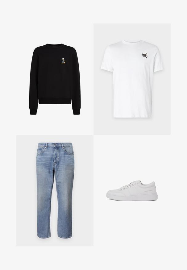 Zwarte sweatshirt met ronde hals, lange mouwen, ribgebreide manchetten en zoom; heeft een klein geborduurd figuur op de linkerkant van de borst.; Witte katoenen t-shirt met een kleine zwart-wit grafiek op de linkerborst. Klassieke ronde halslijn en korte mouwen.; Lichtblauwe denimjeans met een rechte pijp, vijfzakkenontwerp, zichtbare stiksels en een knoopsluiting aan de taille.; Witte leren sneakers met een klassiek low-top ontwerp, platte zool en subtiele merklogo op de hiel. Voorzien van vijf metalen oogjes voor veters.