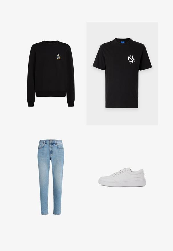 Sort sweatshirt med rund hals, lange ærmer, ribbede manchetter og kant; har et lille broderet karakter på venstre bryst.; Sort bomulds t-shirt med en hvid grafisk detalje på venstre brystområde. Rund hals, korte ærmer og klassisk snit.; Lyseblå denimjeans med en afslappet pasform, fem-lomme-design og diskret slitage. Har et mærketikette nær livet.; Hvide lædersneakers med et klassisk lavtop-design, flad sål og subtilt brandlogo på hælen. Har fem metaløjer til snørebånd.