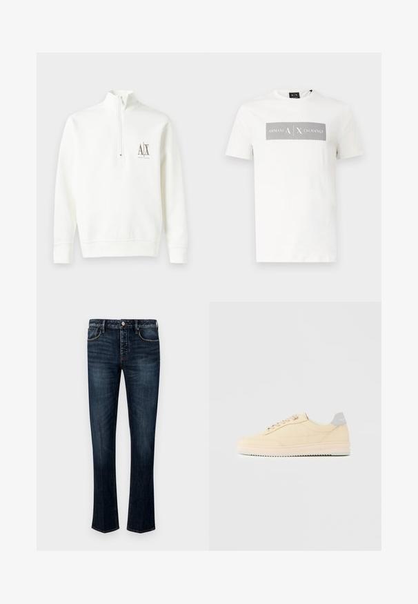 Hvid zip-neck sweatshirt lavet af blødt stof. Har et lille logo på venstre bryst i brun farve samt ribbede kanter og ærmer.; Hvid T-shirt med korte ærmer, sort stribet rektangulært design og teksten "Armani Exchange" på brystet, rund hals og sort mærke med mærke på kraven.; Mørkeblå denim jeans med lige ben-design, der har fem lommer, synlige syninger og en knap- og lynlås-lukning.; Beige lavtop sneaker med snørelukning foran, lyserød sål og grå hællap med mærket "Filling Pieces", vist i profil på ensfarvet baggrund.