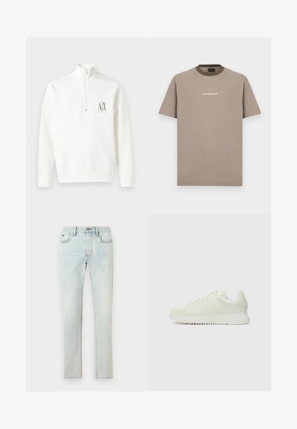 Hvid zip-neck sweatshirt lavet af blødt stof. Har et lille logo på venstre bryst i brun farve samt ribbede kanter og ærmer.; Brun bomulds t-shirt med korte ærmer og rund krave. Har en kontrasterende mørkebrun krave og hvid "EMPORIO ARMANI" logo.; Lyseblå denimjeans med lige snit, fem lommer og subtile slidte detaljer, med kontrastsyninger og lukning med knap.; Hvide lædersneakers med struktureret overdel, rund tå, flad hvid sål og tonede snørebånd. Subtil branding på tungen.