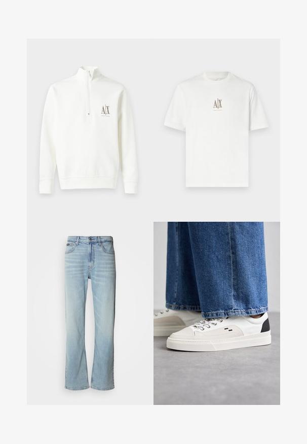 Weißer Sweatshirt mit Reißverschluss am Kragen, aus weichem Stoff. Mit kleinem Logo auf der linken Brust in Braun sowie geripptem Saum und Bündchen.; Weißes Baumwoll-T-Shirt mit Rundhalsausschnitt. Mit einem kleinen beigen Logo "A|X" und "ARMANI EXCHANGE" darunter. Kurze Ärmel, normale Passform.; Hellblaue Jeans aus Denim mit geradem Bein, ausgestattet mit fünf Taschen, einem Knopfverschluss und subtilen Verwaschungen im Stoff.; Weiße und schwarze Sneaker mit einem Obermaterial aus glattem Leder, strukturierten Akzenten und einer massiven weißen Sohle. Verfügt über ein klassisches Schnürdesign.
