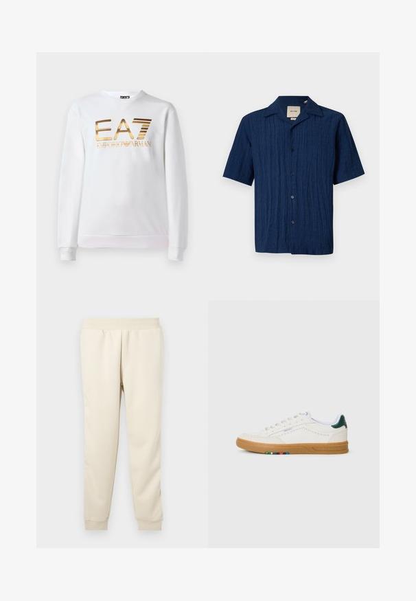 Hvid sweatshirt lavet af bomuld med lange ærmer og rund halsudskæring. Har et metallisk guld logo "EA7 EMPORIO ARMANI" på forsiden.; Marineblå kortærmet skjorte med knapper og tekstureret stof samt åben krave, fremvist på en hvid baggrund.; Lys beige sweatpants lavet af blødt materiale med en tætsiddende design, elastisk talje og manchetter ved anklerne. Ingen synlige mønstre eller accenter.; Hvide lædersneakers med perfereret design, gummisul, grøn hælaccent og farverig stribe detalje på siden.