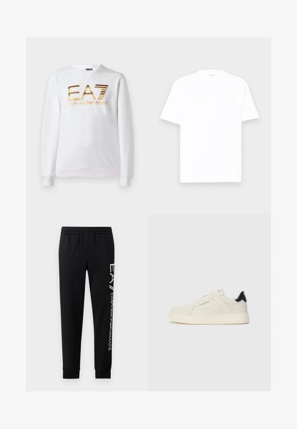 Hvid sweatshirt lavet af bomuld med lange ærmer og rund halsudskæring. Har et metallisk guld logo "EA7 EMPORIO ARMANI" på forsiden.; Hvid bomulds T-shirt med rund hals, korte ærmer og en afslappet pasform. Glat tekstur, minimal dekoration og ingen mønstre eller grafik.; Sorte sweatpants lavet af en bomuldsblanding, med elastisk talje, smalle ben, ribbede manchetter og hvidt logo print langs siden.; Hvide lædersneakers med et struktureret design, rund tå og cremefarvet gummisål. Har en mørk accent ved hælen og branding på siden.