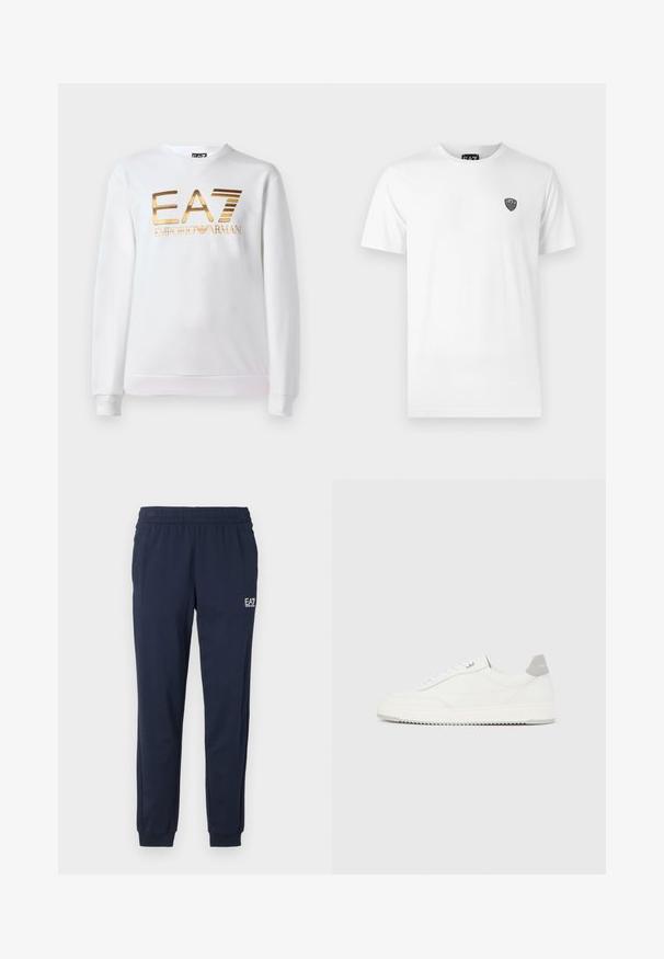 Valkoinen puuvillapaita, jossa on pitkät hihat ja pyöreä kaula-aukko. Edessä on metallinhohtoinen kultainen logo "EA7 EMPORIO ARMANI".; Valkoinen puuvillapaita lyhyillä hihoilla, jossa on pieni musta logo vasemmassa rintapielessä. Klassinen pyöreä kaula-aukko.; Navy siniset verkkohousut, joissa on joustava vyötärö ja hihnat. Vasemmassa sääressä on pieni valkoinen logo. Valmistettu pehmeästä, venyvästä materiaalista.; Valkoinen matala lenkkikenkä, jossa harmaa kantapääosa, valkoiset nauhat ja kuvioitu pohja, esillä yksinkertaisella vaalealla taustalla.
