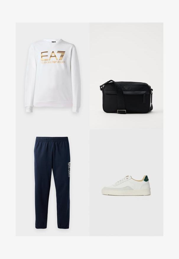 Sudadera blanca de algodón con mangas largas y cuello redondo. Presenta un logo metálico dorado "EA7 EMPORIO ARMANI" en la parte delantera.; Pantalones de chándal azul marino con cintura elástica, piernas ajustadas y un logo blanco en el lateral. Tejido suave con una textura ligera.; Zapatilla blanca con acentos de ante, puntera redondeada, cordones planos y suela de goma color crema. Presenta un logo verde en el talón.; Bolso de hombro negro de nailon con una correa de contraste, forma rectangular elegante, detalle del logo y un bolsillo con cremallera en la parte frontal.