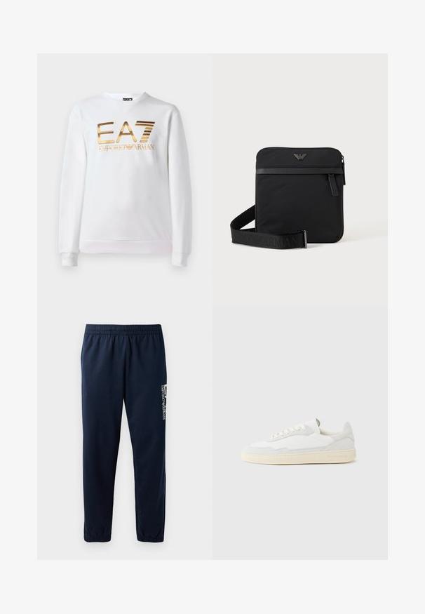 Biela mikina vyrobená z bavlny s dlhými rukávmi a okrúhlym výstrihom. Na prednej strane sa nachádza kovovo zlaté logo "EA7 EMPORIO ARMANI".; Námornícky modré tepláky s elastickým pásom, zužujúcimi sa nohavicami a bielym logom na boku. Hladká látka s ľahkou textúrou.; Biela teniska s jemne štruktúrovaným zvrškom zo semišu a kože. Má zaoblenú špičku, viazanie na šnúrky a kontrastnú béžovú gumovú podrážku.; Čierna štvorcová kabelka cez rameno so zipsom, predným vreckom a nastaviteľným popruhom s vyrazeným názvom značky.