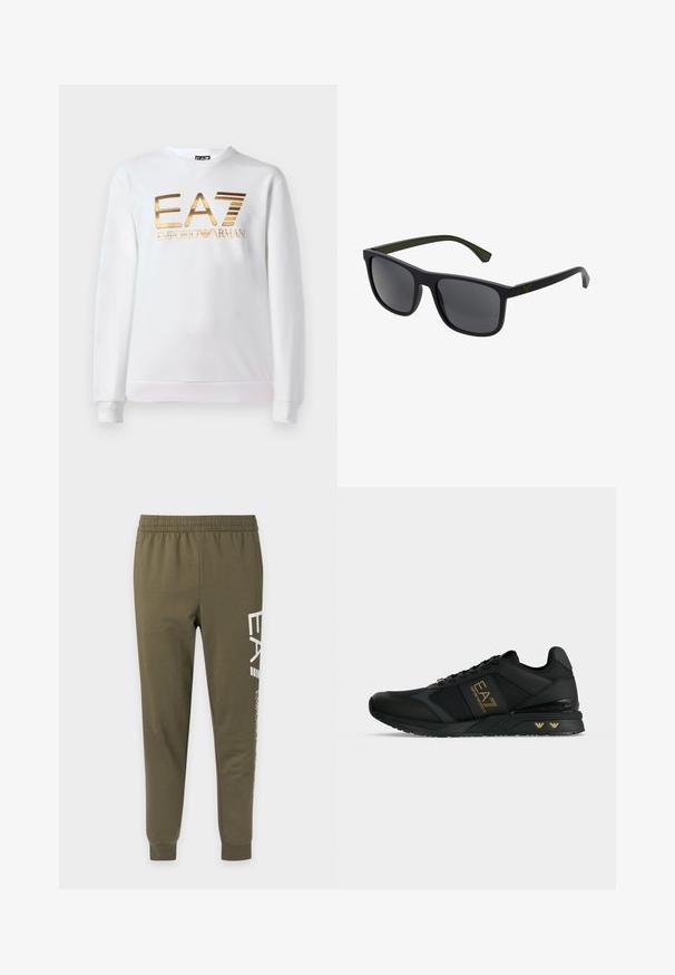 Valge puuvillane dressipluus, millel on pika varruka ja ümmargune kaelus. Ees on metallik kuldne logo "EA7 EMPORIO ARMANI."; Oliivrohelised dressipüksid, millel on elastne vöökoht ja mansetid, paremal jalal valge vertikaalne tekst.; Mustad madalad tossud, millel on kuldne EA7 Emporio Armani logo küljel ja väikesed kuldsed aktsendid tallal, nööridega kinnitus.; Emporio Armani Päikeseprillid - matte black