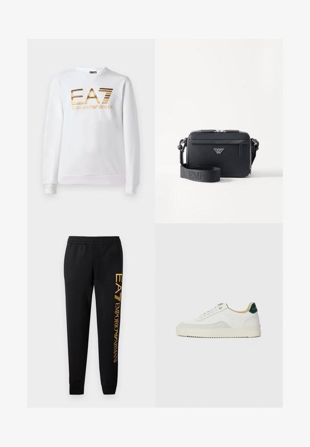 Valkoinen puuvillapaita, jossa on pitkät hihat ja pyöreä kaula-aukko. Edessä on metallinhohtoinen kultainen logo "EA7 EMPORIO ARMANI".; Mustat verkkarit, joissa on joustava vyötärö ja kuminauhalla varustetut lahkeet. Vasemmassa lahkeessa on pystysuora kultainen logo printti. Valmistettu pehmeästä kankaasta.; Valkoiset tennarit, joissa on nahkaosia, pyöreä kärki, tasaiset nauhat ja kermaisa kumi-pohja. Takana vihreä brändäys.; Musta olkalaukku, joka on valmistettu teksturoidusta materiaalista. Varustettu vetoketjulla, etupuolella vetoketjullinen tasku ja metallinen logokoriste. Mukana säädettävä olkahihna.