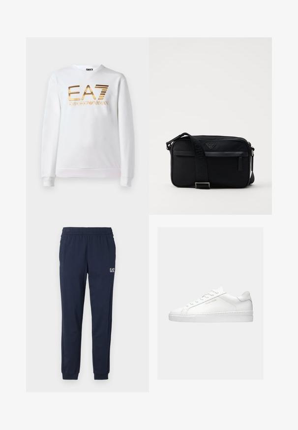 Weißer Pullover aus Baumwolle mit langen Ärmeln und rundem Ausschnitt. Mit einem metallischen goldenen Logo "EA7 EMPORIO ARMANI" auf der Vorderseite.; Marineblaue Jogginghosen mit elastischem Bund und Bündchen. Besitzt ein kleines weißes Logo am linken Bein. Hergestellt aus einem weichen, dehnbaren Material.; Weißer Sneaker mit niedrigem Schaft und Schnürsenkeln, minimalistischem Design und der "Filling Pieces"-Marke in Gold an der Seite vor schlichtem Hintergrund.; Schwarze Nylon-Schultertasche mit einem kontrastierenden Riemen, schlanker rechteckiger Form, Logo-Detail und einer Reißverschlusstasche auf der Vorderseite.
