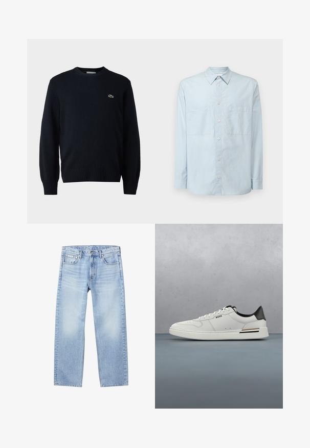 Marine crew-neck sweater lavet af blødt materiale, med ribbede manchetter og kant. Lille grønt Lacoste-logo på brystet.; Lyseblå button-up skjorte lavet af bomuld, med klassisk krave, lange ærmer, to brystlommer og en let afslappet pasform.; Lyseblå denimjeans med lige ben, forlommer, bæltestropper, knaplukning og et lille Calvin Klein-mærke på højre forlommes forside.; Hvide lavtoppede sneakers med sort hæl, snørebånds lukning, subtile perforeringer og "BOSS" logo på siden, vist fra ydersiden i profil.