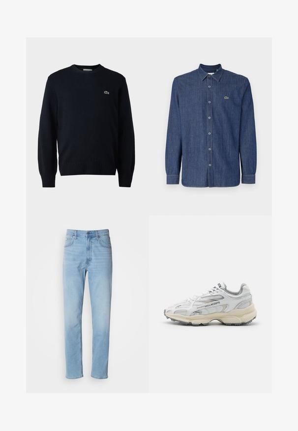Marineblauer Rundhalsausschnitt-Pullover aus weichem Material mit gerippten Bündchen und Saum. Kleines grünes Lacoste-Logo auf der Brust.; Dunkelblaues Denim-Hemd mit langen Ärmeln, das einen Button-Down-Kragen, Frontknöpfe und ein kleines grünes Logo auf der Brust aufweist.; Hellblaue Jeans mit geradem Schnitt, fünf Taschen und Gürtelschlaufen. Der Stoff hat eine glatte Textur mit einem leichten Verblassungseffekt.; Weiße Sportschuhe mit grauen Akzenten, Obermaterial aus Mesh und Synthetik, Schnürdesign und rutschfester Gummisohle mit Strukturmustern.