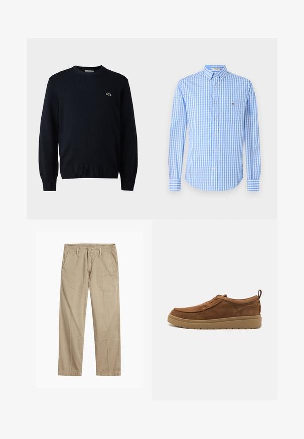 Marineblauer Rundhalsausschnitt-Pullover aus weichem Material mit gerippten Bündchen und Saum. Kleines grünes Lacoste-Logo auf der Brust.; Blau-weißes karriertes Hemd mit langen Ärmeln, einem Kragen und einer Brusttasche. Der Stoff wirkt glatt und leicht.; Beige gerade geschnittene Chinos mit Gürtelschlaufen, vorderem Knopf- und Reißverschlussverschluss sowie schrägen Fronttaschen.; Braune Wildledersneaker mit runder Zehenpartie, minimaler Schnürung, gepolstertem Schaft und Gummisohle. Verfügt über eine Schlaufe an der Ferse für einfaches Anziehen.