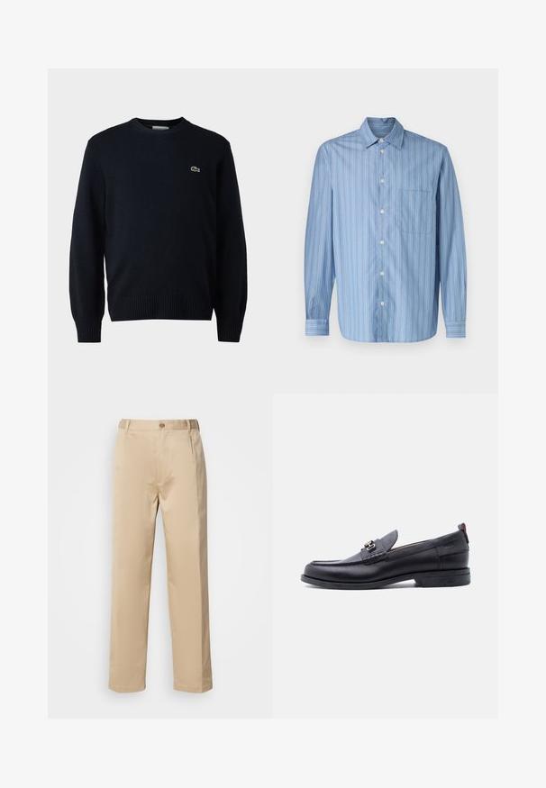 Merinopaita tummansinisestä pehmeästä materiaalista, jossa on joustinneuleiset hihansuut ja helma. Rinnassa pieni vihreä Lacoste-logo.; Vaaleansininen napillinen paita, jossa on vaihtelevan levyisiä pystyraitoja, terävä kaulus, pitkät hiukset ja yksi rintatasku.; Beige housut kevyestä kankaasta, suoran lahkeen muotoilu, vyötärö, jossa on vyölenkit, ja yksi etunappi.; Musta nahkainen loafer, jossa on harmaa teksturoitu päällinen, hopeanvärinen metallisolki, matala korko ja vetolenkki takana.