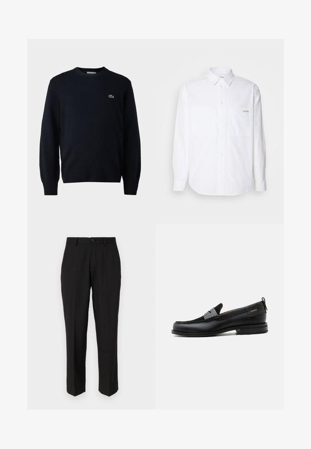 Námornícky sveter s okrúhlym výstrihom vyrobený z mäkkého materiálu, s rebrovanými manžetami a spodným lemom. Malé zelené logo Lacoste na hrudi.; Biela košeľa s dlhým rukávom a gombíkmi, vyrobená z bavlny. Obsahuje dve náprsné vrecká, zakrivený spodný lem a malé zlaté logo na ľavom vrecku.; Čierne nohavice z hladkej tkaniny s rovnými nohavicami, prednými vreckami, jedným gombíkom na zapínanie a bez viditeľných vzorov.; Čierny kožený mokasín so sivým remienkom, nízkym podpätkom a textúrovanou podrážkou, so značkou "HUGO" v zlatej farbe na boku.