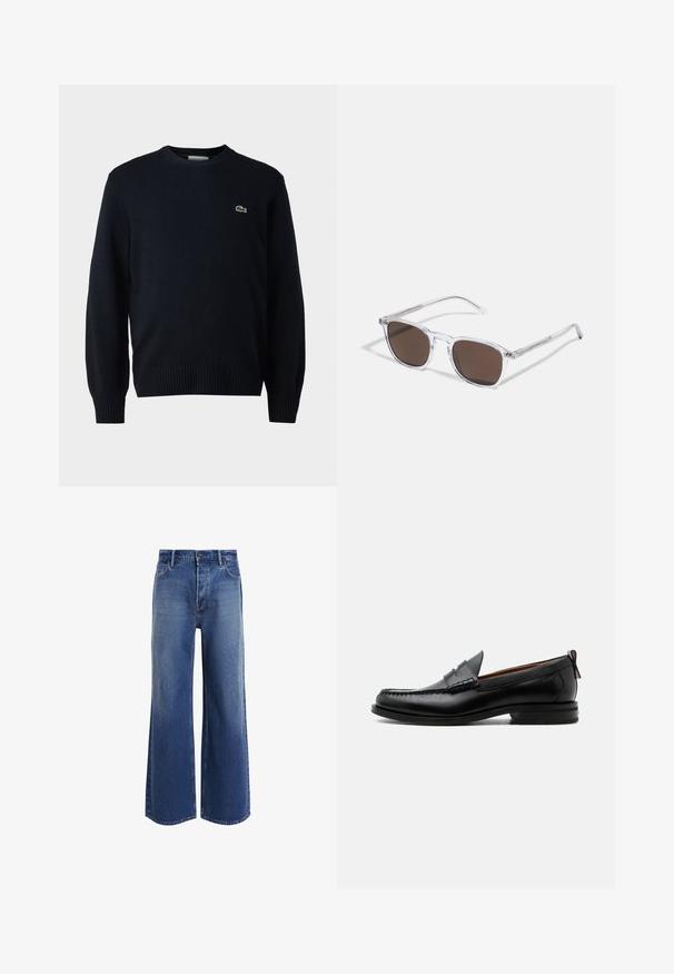 Marineblauer Rundhalsausschnitt-Pullover aus weichem Material mit gerippten Bündchen und Saum. Kleines grünes Lacoste-Logo auf der Brust.; Hochgeschnittene weitgeschnittene Jeans in mittelblauem Denim, mit einem klassischen Fünf-Taschen-Design, leichter Ausbleichung und fransigen Saumdetails.; Schwarzer Leder-Herrenschuh mit Mokassinnaht, Penny-Riemen, strukturiertem Kragen und niedrigem gestapeltem Absatz auf weißem Hintergrund.; Klarer Kunststoff-Sonnenbrillen mit rechteckigen braunen Gläsern, ausgestattet mit dünnen, transparenten Bügeln und Metallakzenten an den Schläfen.