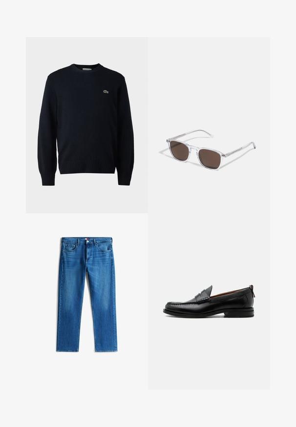 Marineblauer Rundhalsausschnitt-Pullover aus weichem Material mit gerippten Bündchen und Saum. Kleines grünes Lacoste-Logo auf der Brust.; Blaue Straight-Leg-Jeans aus Denim mit fünf Taschen, Knopfverschluss und dezentem Verblassen an den vorderen Oberschenkeln.; Schwarzer Leder-Herrenschuh mit Mokassinnaht, Penny-Riemen, strukturiertem Kragen und niedrigem gestapeltem Absatz auf weißem Hintergrund.; Klarer Kunststoff-Sonnenbrillen mit rechteckigen braunen Gläsern, ausgestattet mit dünnen, transparenten Bügeln und Metallakzenten an den Schläfen.