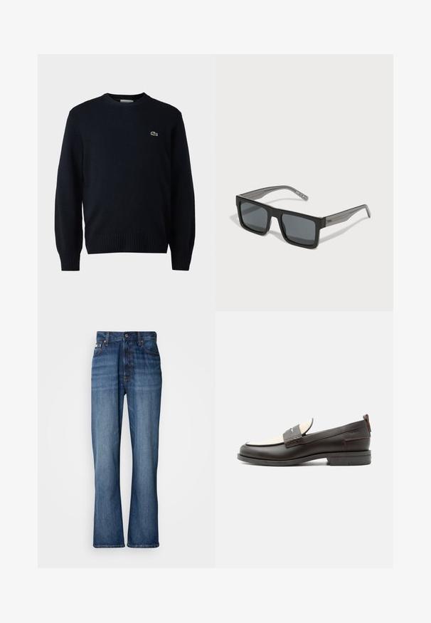 Sudadera de cuello redondo en color marino, hecha de material suave, con puños y dobladillo acanalados. Pequeño logo verde de Lacoste en el pecho.; Jeans de mezclilla azul con cintura alta, piernas acampanadas, diseño de cinco bolsillos y costuras tonales. Cuenta con cierre de botón y bolsillos remachados.; Mocasín para hombre de cuero marrón oscuro con panel de tela crema y detalle clásico de correa cosida, suela plana y asa en el talón.; HUGO Gafas de sol - black